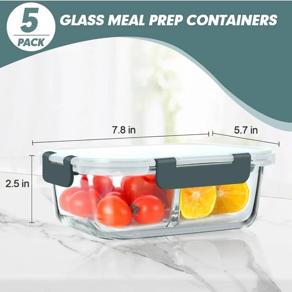 30‎ oz 5 Pack Glass Meal Prep Containers 2 Compartments, Glass Food Storage New